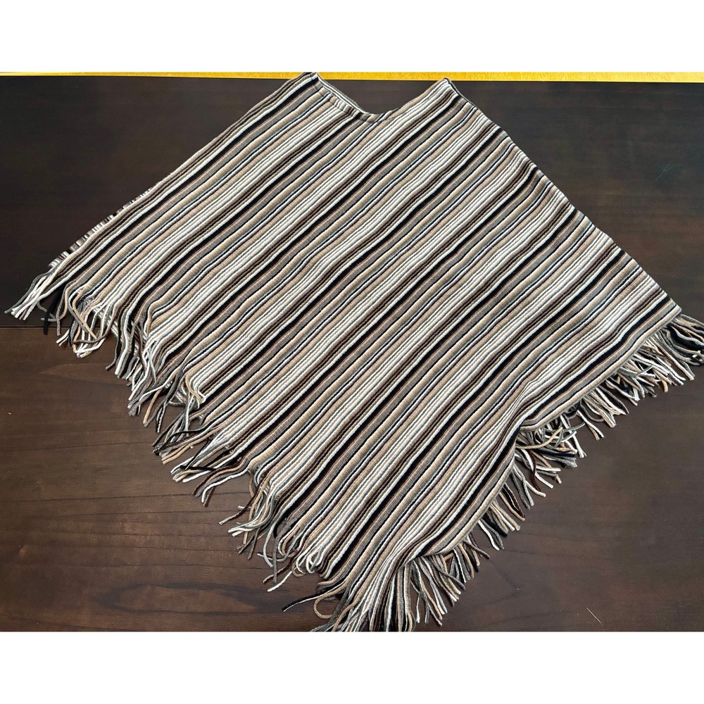 Poncho Striped Fringe Knit Boho Western Wrap Neutral Gorpcore Fall Layering OSFM